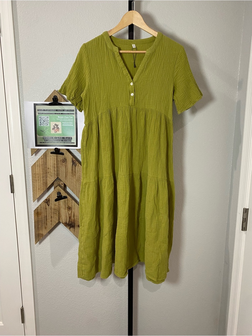 Casual Tiered Button-Front gauzy cotton Women’s Dress - Olive Green